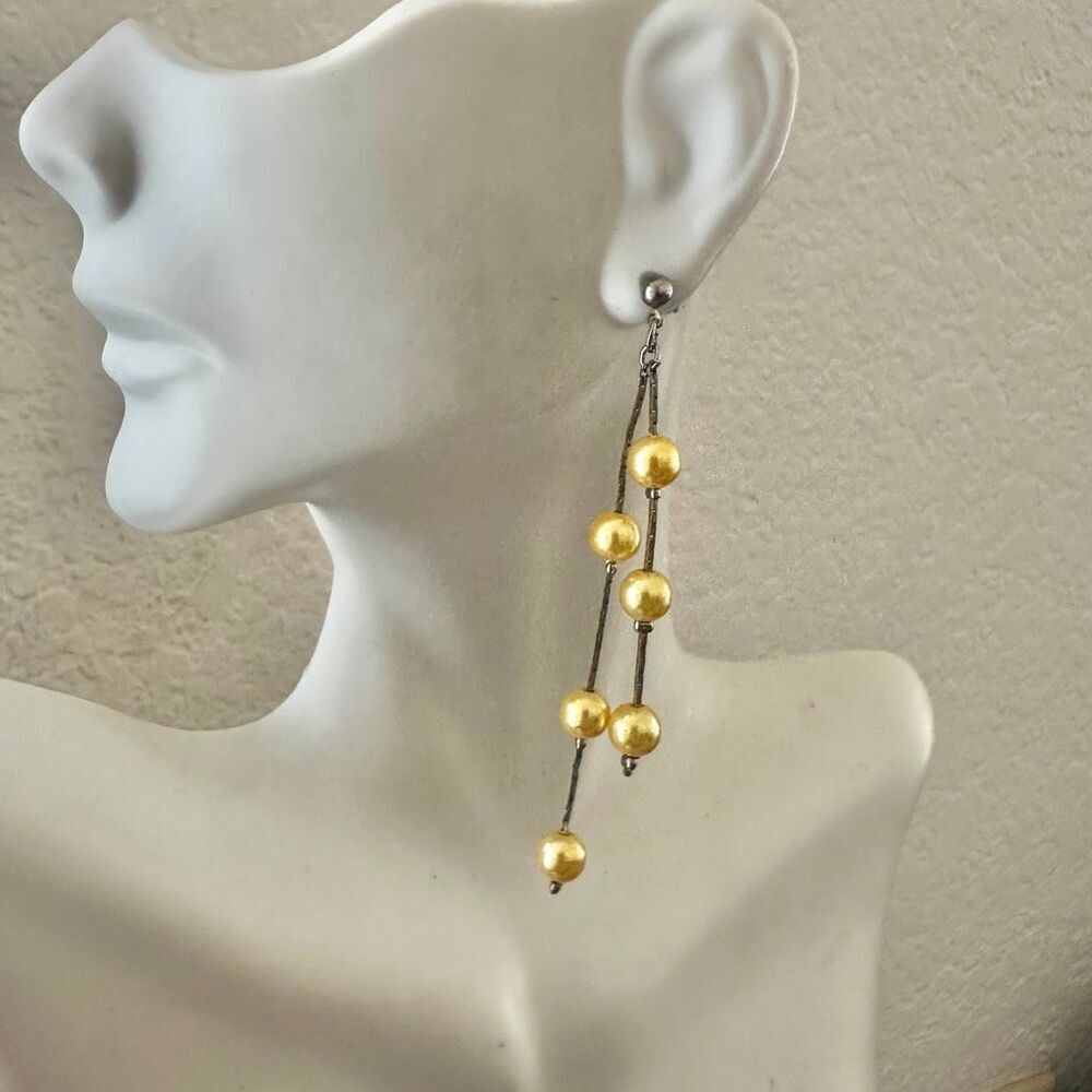 Yellow Faux Pearl Linear Dangle Earrings - Picture 2 of 5